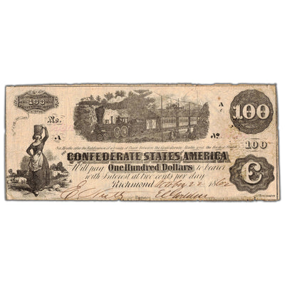 SOLD United States 1862 Confederate States of America $100 Note T-40 - Circulated (tear)