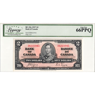 $2 1937 Bank of Canada Note Coyne-Towers D/R Prefix BC-22c - Legacy Gem UNC-66 PPQ