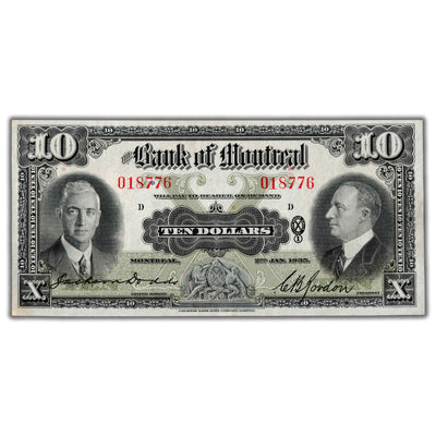 SOLD $10 1935 Bank of Montreal Canada Chartered Note #505-60-04 - UNC (stain)