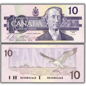 SOLD $10 1989 Bank of Canada Note Bonin-Thiessen BDH Prefix BC-57b - AU/UNC