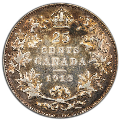 Canada 1914 25 Cents Quarter Silver Coin - F-15