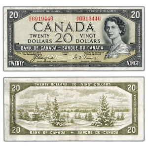 SOLD $20 1954 Bank of Canada Note Devil Face B/E Prefix BC-33a - F/VF