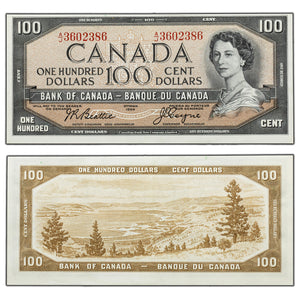 SOLD $100 1954 Bank of Canada Note Beattie-Coyne A/J Prefix BC-43a - EF/AU