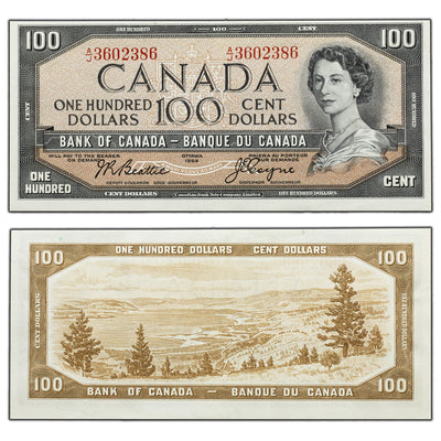 SOLD $100 1954 Bank of Canada Note Beattie-Coyne A/J Prefix BC-43a - EF/AU