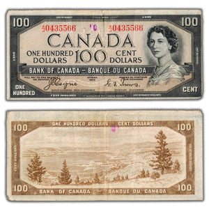 SOLD $100 1954 Bank of Canada Note Devil Face Coyne-Towers BC-35a - Writing