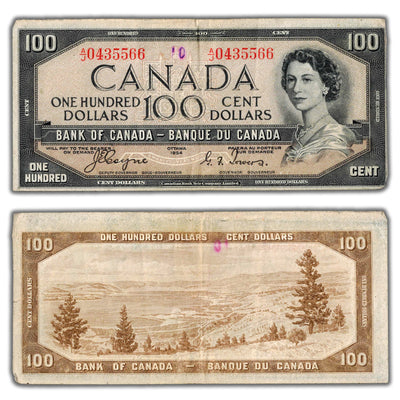 SOLD $100 1954 Bank of Canada Note Devil Face Coyne-Towers BC-35a - Writing