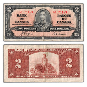 SOLD $2 1937 Bank of Canada Note Coyne-Towers L/R Prefix BC-22c - Fine+