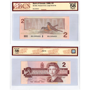 SOLD $2 1986 Bank of Canada Note BGL Prefix Large/Small B's BC-55b - BCS AU-58