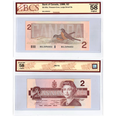 SOLD $2 1986 Bank of Canada Note BGL Prefix Large/Small B's BC-55b - BCS AU-58