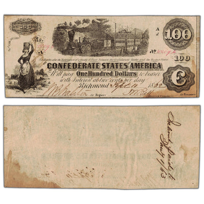 United States 1862 Confederate States of America $100 Note T-40 - Stained