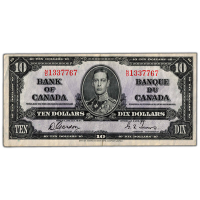 $10 1937 Bank of Canada Note Gordon-Towers N/D Prefix BC-24b - VF/EF