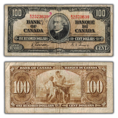 SOLD $100 1937 Bank of Canada Note Gordon-Towers BC-27b - Writing