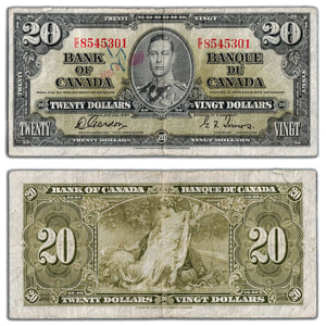 SOLD $20 1937 Bank of Canada Note Gordon-Towers E/E Prefix BC-25b - Writing