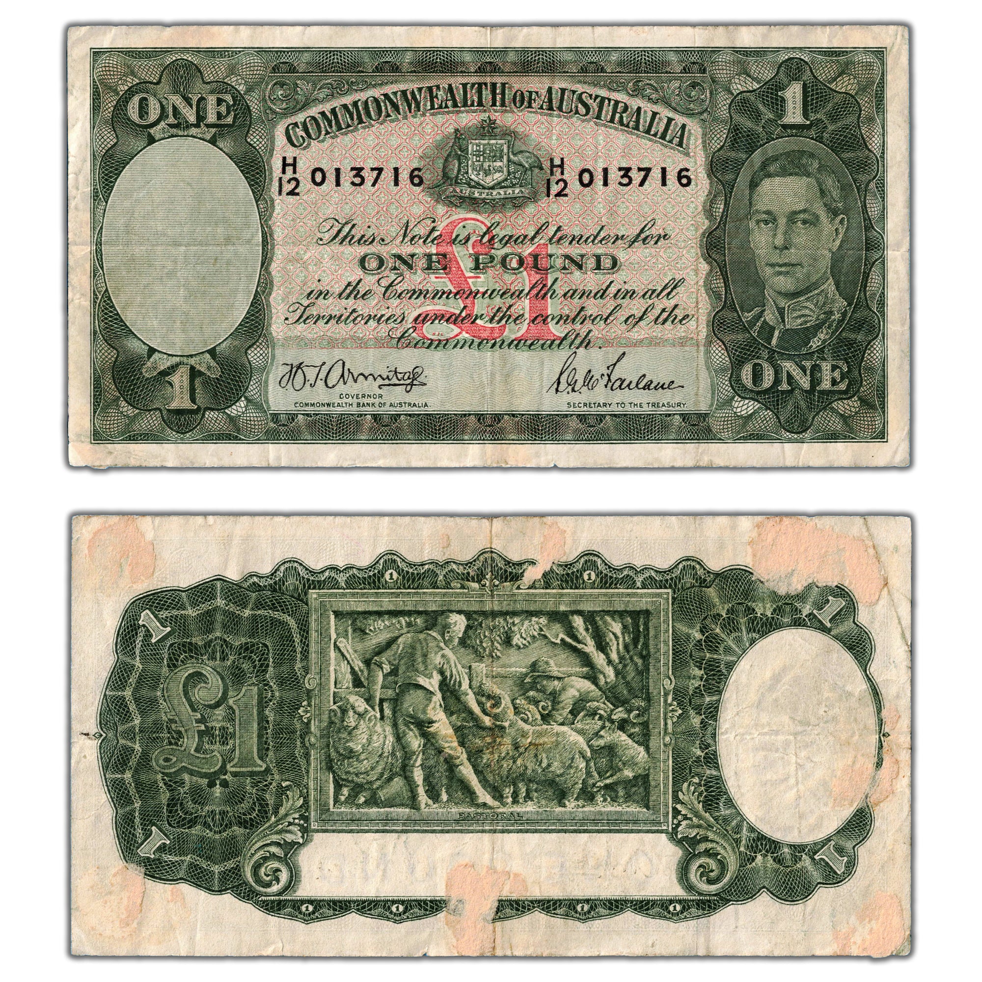 Note P SOLD Australia 1942 1 One Pound Note P #26b - Previously Mounted Back ...