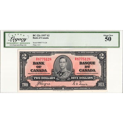 SOLD $2 1937 Bank of Canada Note Coyne-Towers B/R Prefix BC-22c - Legacy AU-50
