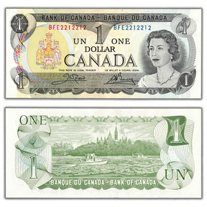 SOLD $1 1973 Bank of Canada Note Crow-Bouey BC-46b - Neat Serial Number 2212212