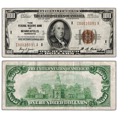 SOLD United States 1929 $100 Minneapolis National Note Fr. 1890-I - VF+