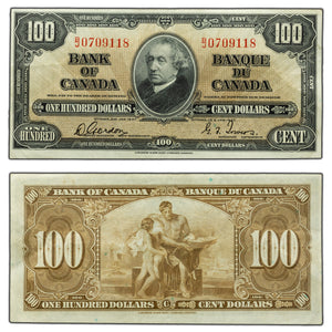 SOLD $100 1937 Bank of Canada Note Gordon-Towers B/J Prefix BC-27b - VF/EF