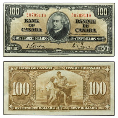 SOLD $100 1937 Bank of Canada Note Gordon-Towers B/J Prefix BC-27b - VF/EF