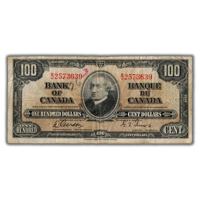 SOLD $100 1937 Bank of Canada Note Gordon-Towers BC-27b - Writing