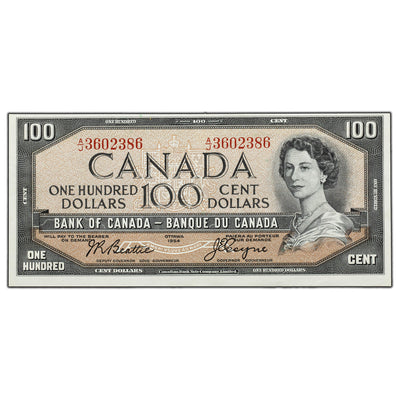 SOLD $100 1954 Bank of Canada Note Beattie-Coyne A/J Prefix BC-43a - EF/AU