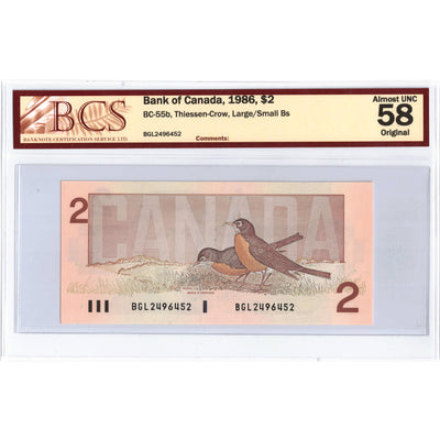 SOLD $2 1986 Bank of Canada Note BGL Prefix Large/Small B's BC-55b - BCS AU-58