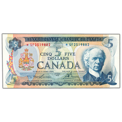 SOLD $5 1972 Bank of Canada Note *SF Replacement Prefix BC-48bA - Choice UNC