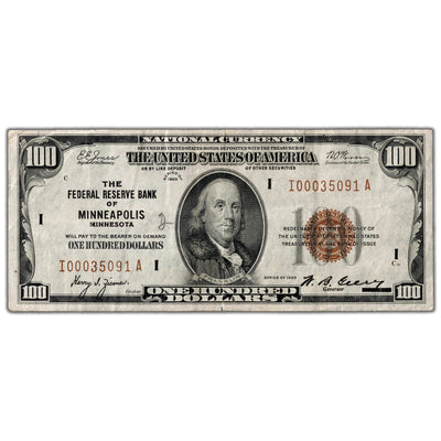 SOLD United States 1929 $100 Minneapolis National Note Fr. 1890-I - VF+