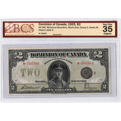 SOLD $2 1923 Dominion of Canada Note McCavour-Saunders Black Seal DC-26f - BCS VF-35