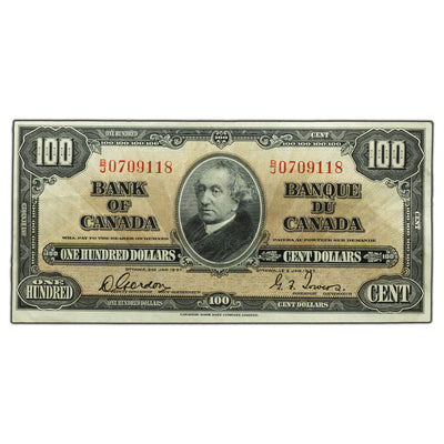 SOLD $100 1937 Bank of Canada Note Gordon-Towers B/J Prefix BC-27b - VF/EF