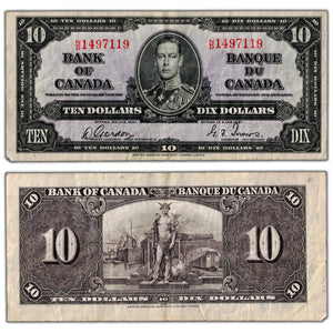 SOLD $10 1937 Bank of Canada Note Gordon-Towers N/D Prefix BC-24b - Minor Corner Damage