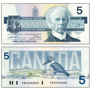 SOLD $5 1986 Bank of Canada Note Thiessen-Crow FNX Prefix BC-56bA - AU/UNC