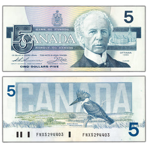 SOLD $5 1986 Bank of Canada Note Thiessen-Crow FNX Prefix BC-56bA - AU/UNC
