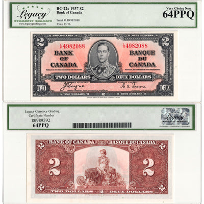 $2 1937 Bank of Canada Note Coyne-Towers L/R Prefix BC-22c - Legacy Ch UNC-64 PPQ