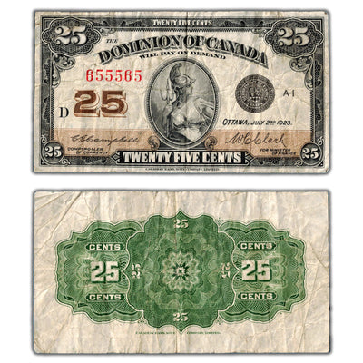 25 Cents 1923 Dominion of Canada Shinplaster Note DC-24c - Fine (pinholes)