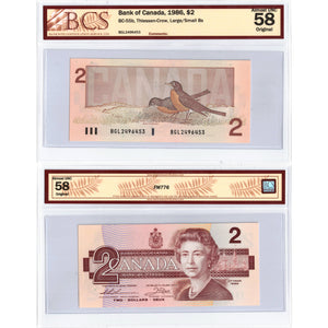SOLD $2 1986 Bank of Canada Note BGL Prefix Large/Small B's BC-55b - BCS AU-58