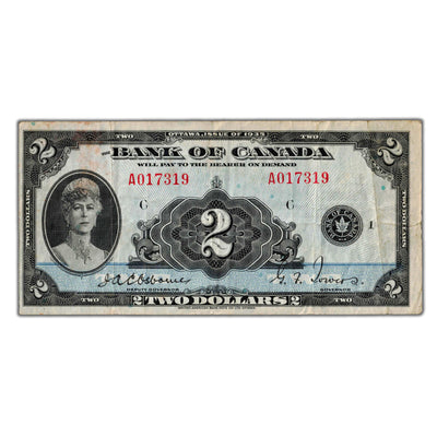 $2 1935 Bank of Canada Note English Text BC-3 - VF (light staining)