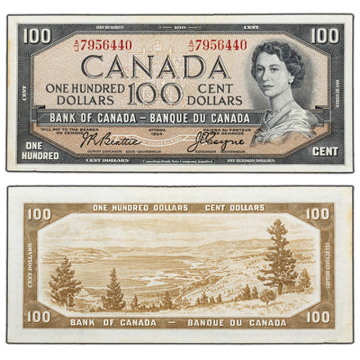 SOLD $100 1954 Bank of Canada Note Beattie-Coyne A/J Prefix BC-43a - Light Staining