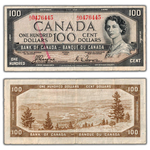 SOLD $100 1954 Bank of Canada Note Devil Face Coyne-Towers BC-35a - Writing