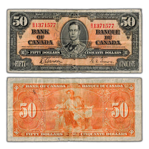 SOLD $50 1937 Bank of Canada Note Gordon-Towers B/H Prefix BC-26b - Writing