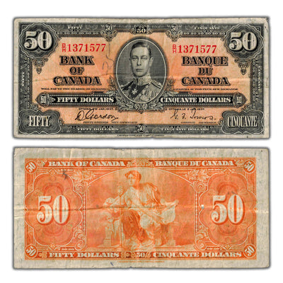 SOLD $50 1937 Bank of Canada Note Gordon-Towers B/H Prefix BC-26b - Writing