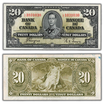 $20 1937 Bank of Canada Note Coyne-Towers L/E Final Prefix BC-25c - AU (Lt. Stain)