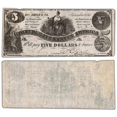SOLD United States 1861 Confederate States of America $5 Five Dollars Note T-36 - VF