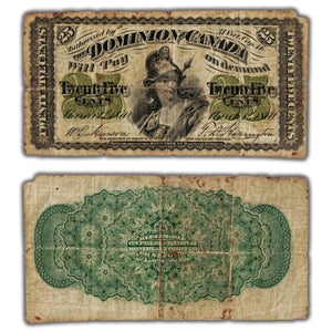 SOLD 25 Cents 1870 Dominion of Canada Shinplaster Note Plain DC-1c - Missing Corner/Rust