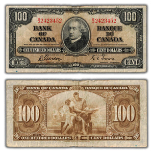 SOLD $100 1937 Bank of Canada Note Gordon-Towers B/J Prefix BC-27b - Circulated