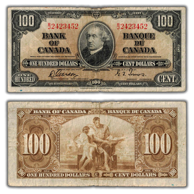 SOLD $100 1937 Bank of Canada Note Gordon-Towers B/J Prefix BC-27b - Circulated