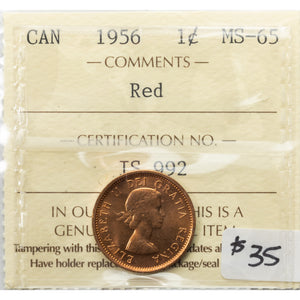 SOLD Canada 1956 1 Small Cent Coin - ICCS MS-65 Red