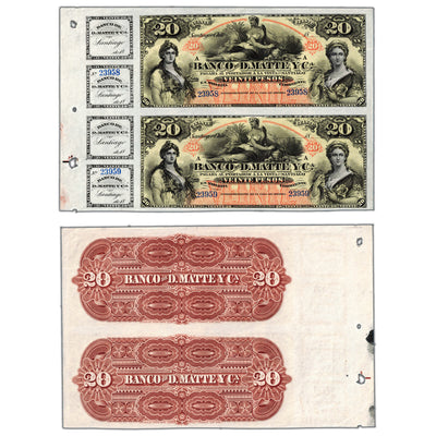 SOLD Chile Banco De D. Matte Y Ca. (Ca. 1888) 20 Pesos P #S279r - Uncut Pair of Remainders