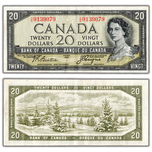 SOLD $20 1954 Bank of Canada Note Devil Face D/E Prefix BC-33b - VF