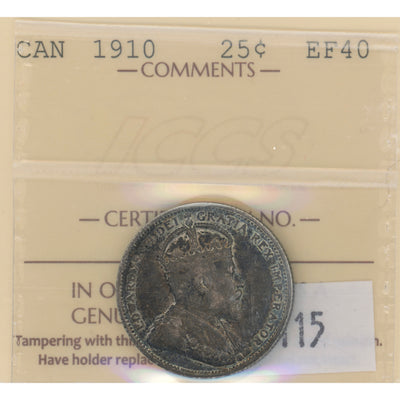 Canada 1910 25 Cents Quarter Silver Coin - ICCS EF-40